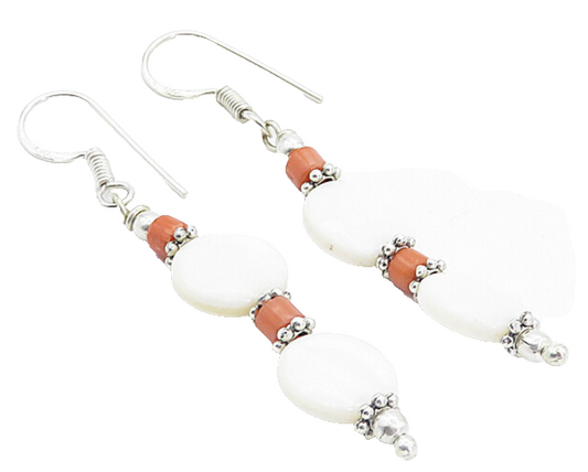 925 Sterling Silver Vintage Mother Of Pearl & Coral Dangle Earrings EG3279