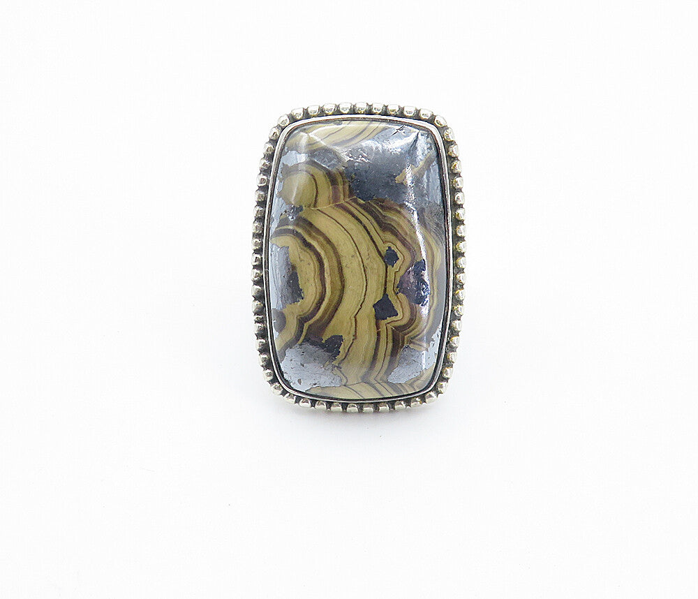 925 Sterling Silver  Cabochon Cut Brown Agate Square Cocktail Ring Sz 8 RG8141