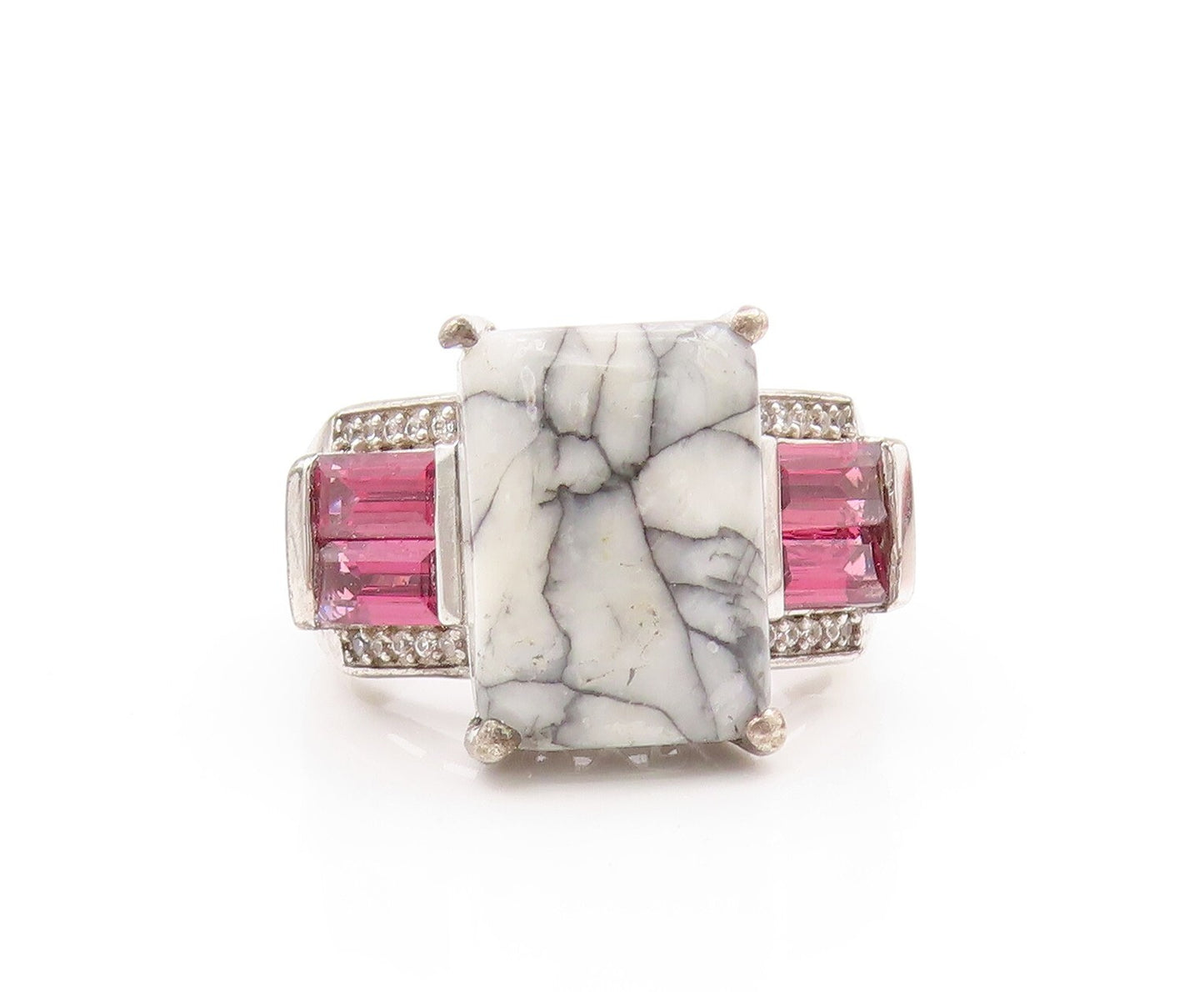 925 Sterling Silver Vintage Ring Rectangle Marble White & Pink CZ  Sz 8  RG31886