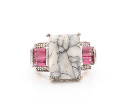 925 Sterling Silver Vintage Ring Rectangle Marble White & Pink CZ  Sz 8  RG31886