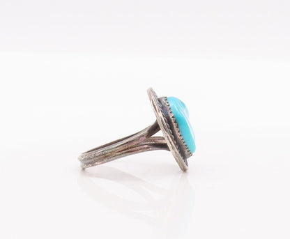 925 Sterling Silver Vintage Ring NAVAJO Floral Carved Turquoise  Sz 7  RG28336