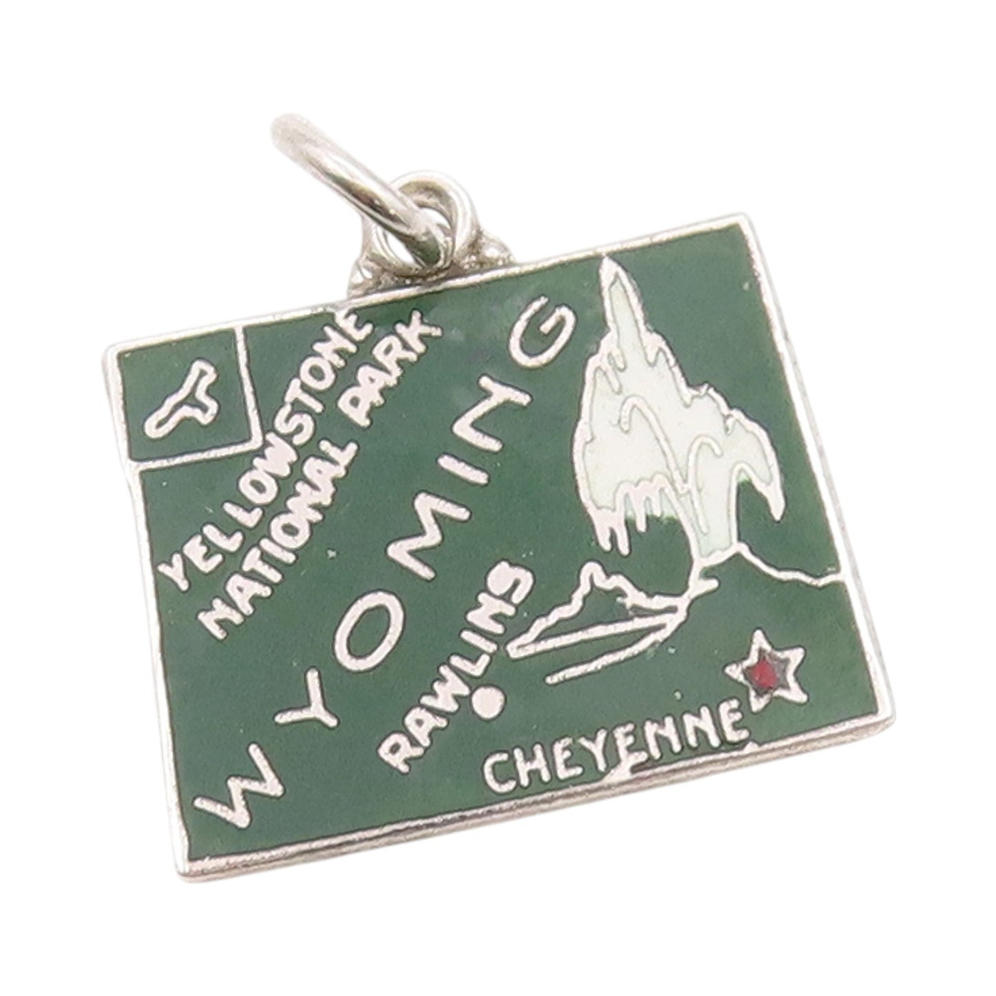 925 Sterling Silver Vintage Pendant Green Enameled Wyoming State Charm  PT24979