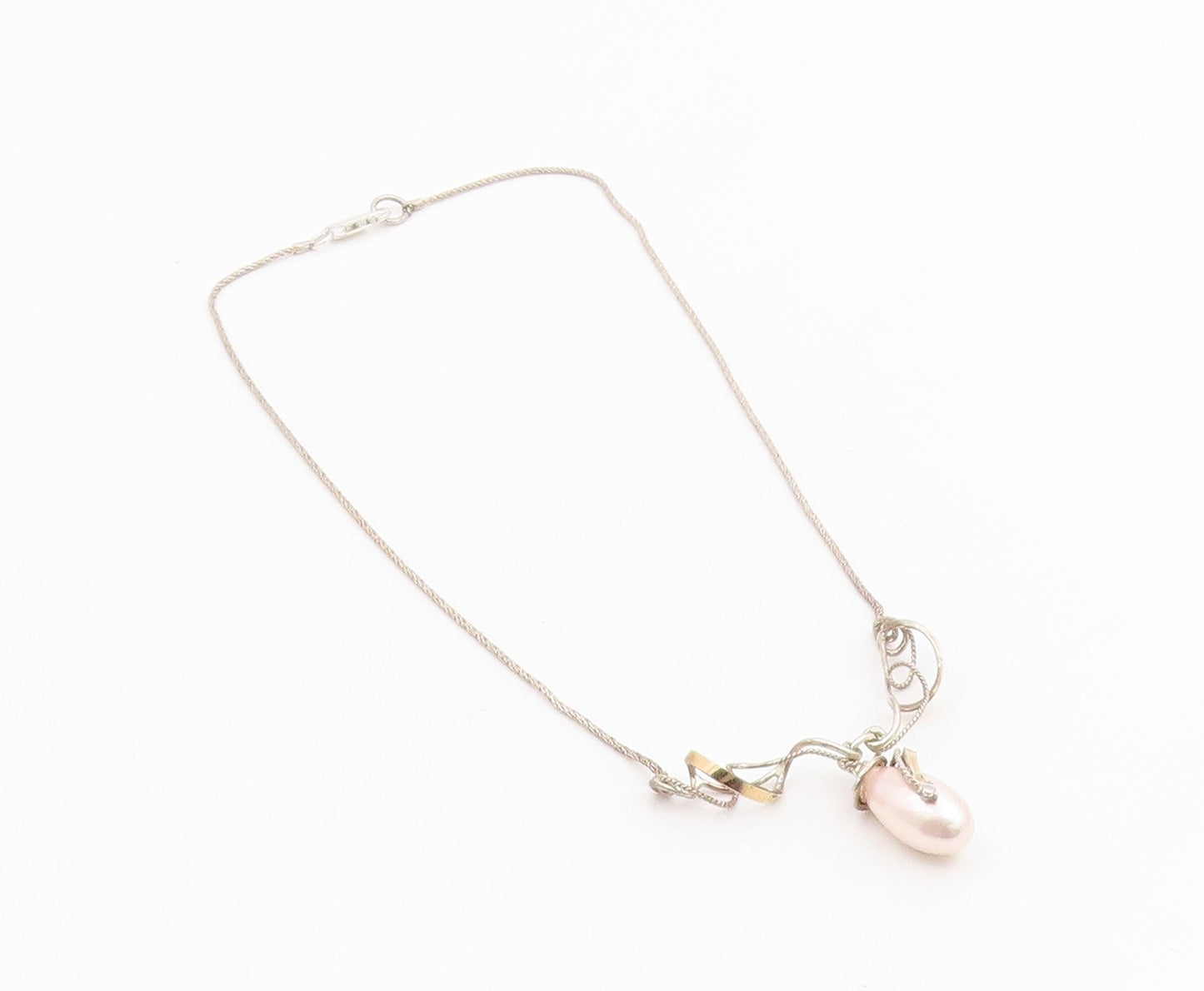 14k Gold & 925 Sterling Silver Vintage Necklace Elegant Pearl & CZ Drop  NE4861