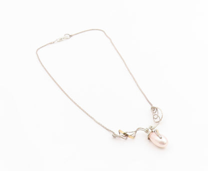 14k Gold & 925 Sterling Silver Vintage Necklace Elegant Pearl & CZ Drop  NE4861