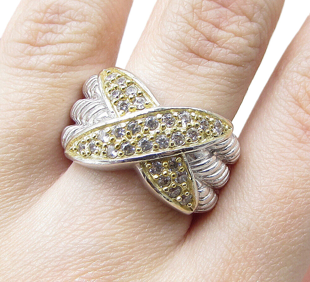925 Silver Cubic Zirconia X Twisted Ropes 2 Tone Band Ring Sz 6 RG1947