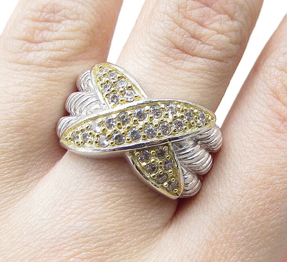 925 Silver Cubic Zirconia X Twisted Ropes 2 Tone Band Ring Sz 6 RG1947