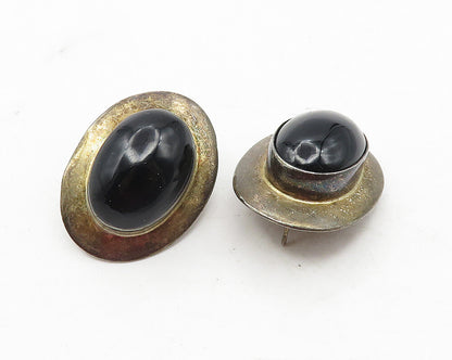 MEXICO 925 Sterling Silver  Vintage Cabochon Black Onyx Drop Earrings  EG5934