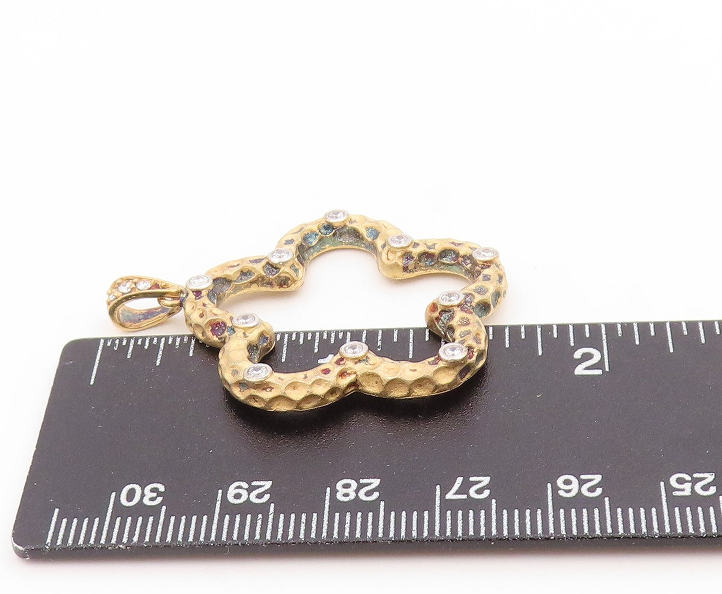 925 Sterling Silver Vintage Pendant Gold Plated CZ Hammered Open Flower  PT25835