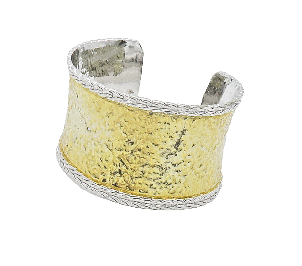 925 Sterling Silver  Vintage Shiny Two Tone Textured Cuff Bracelet  BT5894