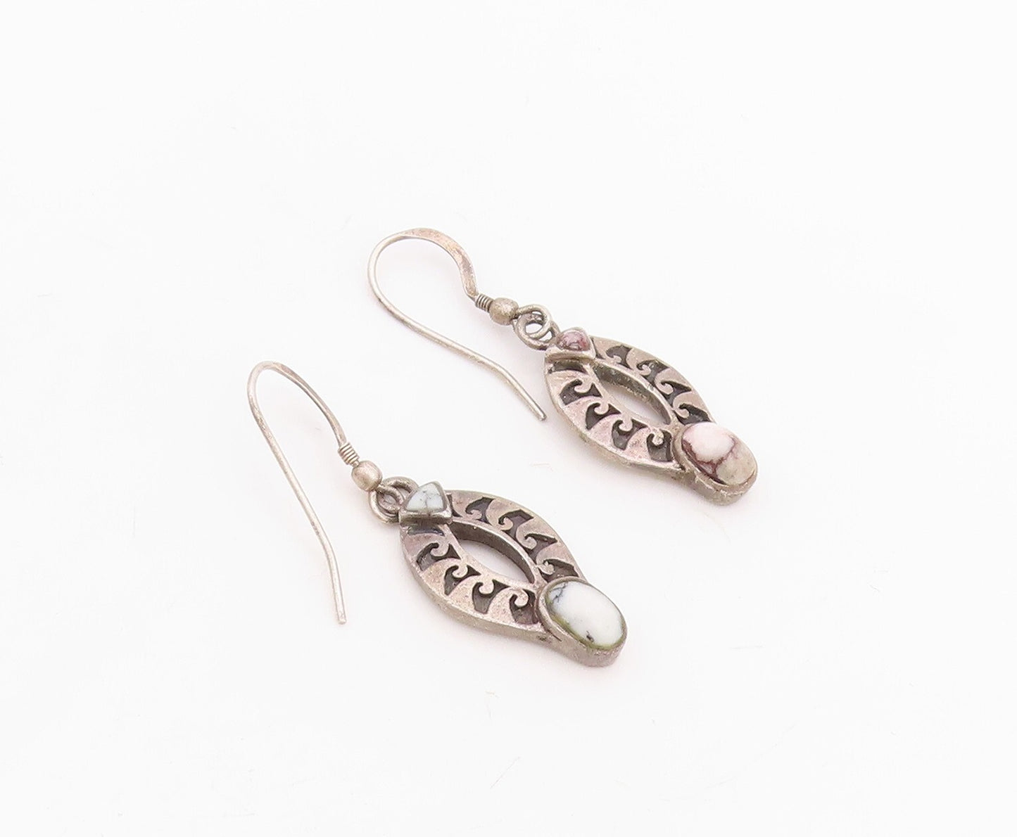 925 Sterling Silver Vintage Earrings Dark Tone Trible Carved Gemstone  EG13244