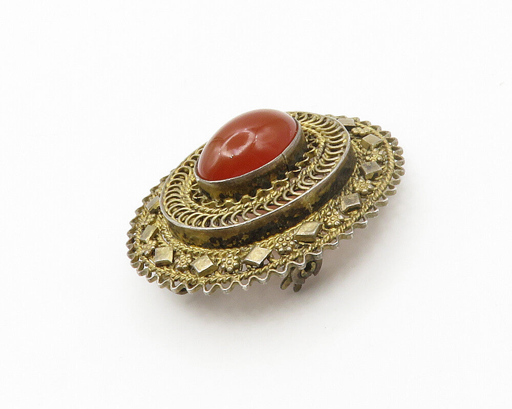 ISRAEL 925 Sterling Silver  Vintage Cabochon Cut Carnelian Brooch Pin  BP5748