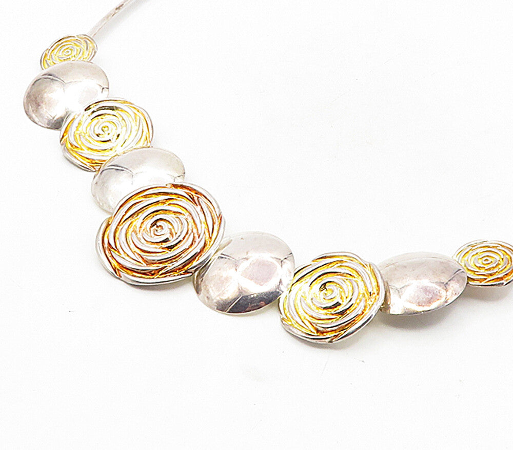 925 Sterling Silver  Vintage Shiny Sculpted Floral Link Chain Necklace  NE1631