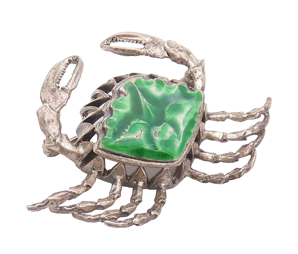 925 Sterling Silver Vintage Brooch Pin Solid Carved Green Enameled Crab  BP10781