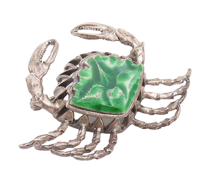 925 Sterling Silver Vintage Brooch Pin Solid Carved Green Enameled Crab  BP10781