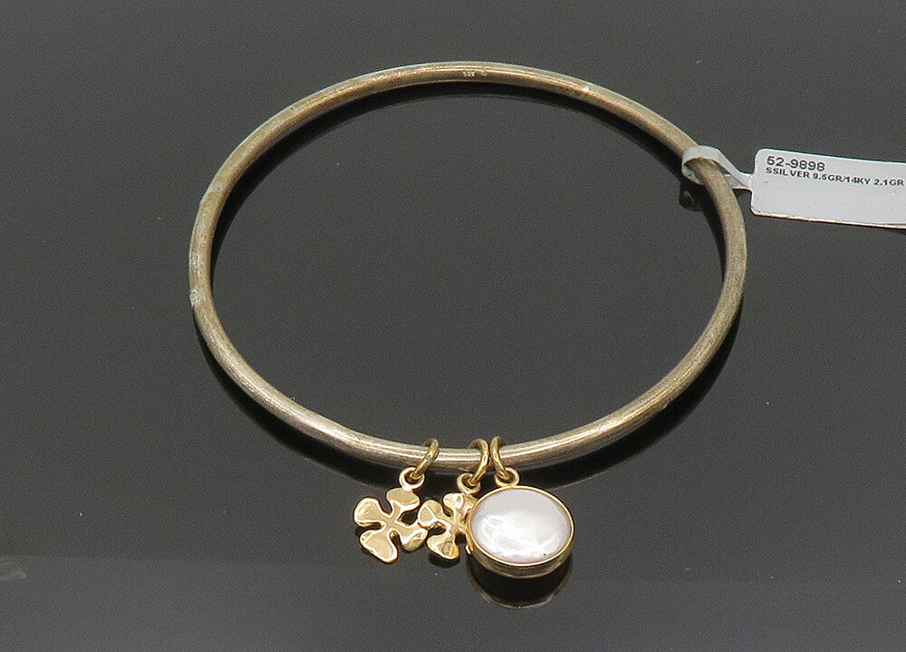 925 Silver & 14K GOLD  Vintage Shiny Pearls & Charms Bangle Bracelet  BT8084