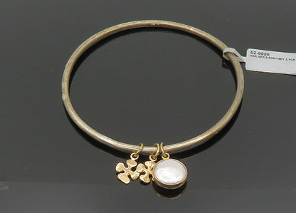 925 Silver & 14K GOLD  Vintage Shiny Pearls & Charms Bangle Bracelet  BT8084
