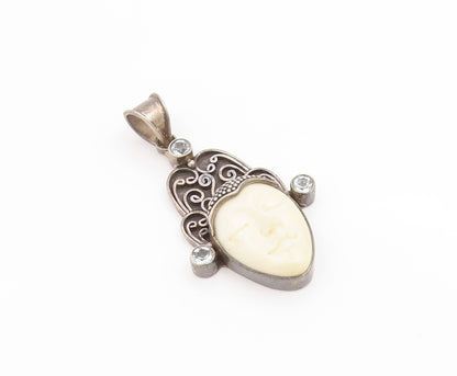 925 Sterling Silver Vintage Pendant Topaz Carved Goddess Face Charm  PT25995