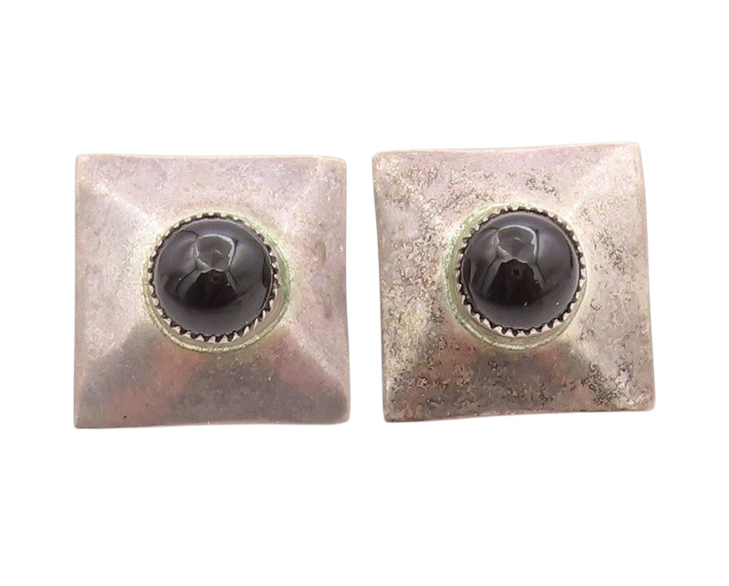 925 Sterling Silver Vintage Earrings Round Onyx Geometric Design Studs  EG13706