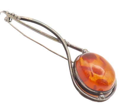 POLAND 925 Sterling Silver  Vintage Designer Large Amber Brooch Pin  BP10512