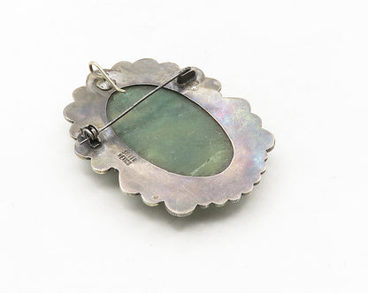 MEXICO 925 Sterling Silver  Vintage Antique Face Carved Jade Brooch Pin BP3848