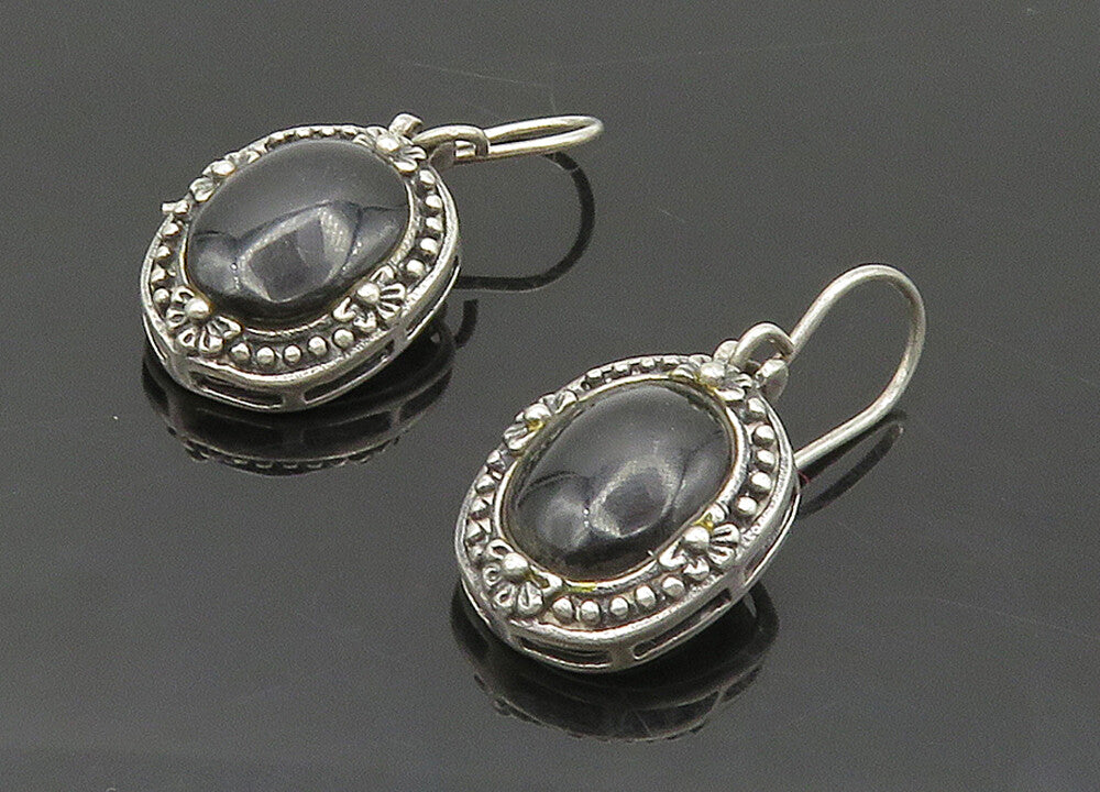 925 Sterling Silver  Vintage Cabochon Black Onyx Floral Drop Earrings  EG8108