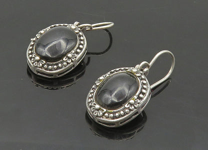 925 Sterling Silver  Vintage Cabochon Black Onyx Floral Drop Earrings  EG8108