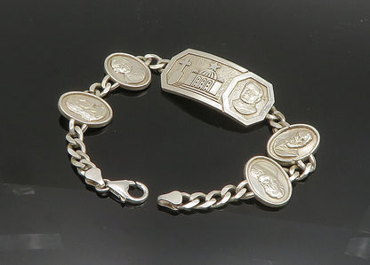 925 Sterling Silver  Shiny Religious Figures Curb Chain Bracelet  BT8018