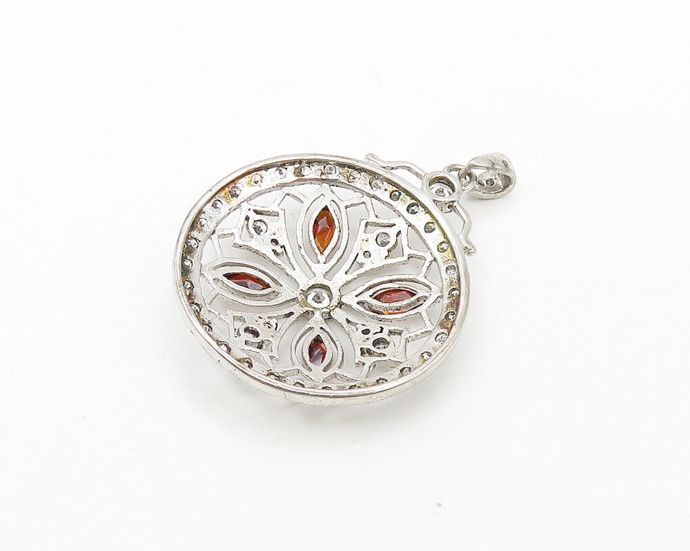 925 Sterling Silver  Cubic Zirconia & Garnet Floral Design Pendant  PT14067