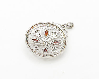 925 Sterling Silver  Cubic Zirconia & Garnet Floral Design Pendant  PT14067