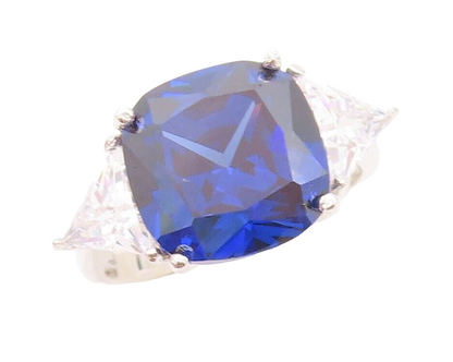 925 Sterling Silver Vintage Ring Rose Square Sapphire & Triangle CZ Sz 7 RG30344