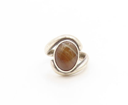925 Sterling Silver Vintage Ring Cabochon Agate Bypass Band  Sz 7.5  RG34672