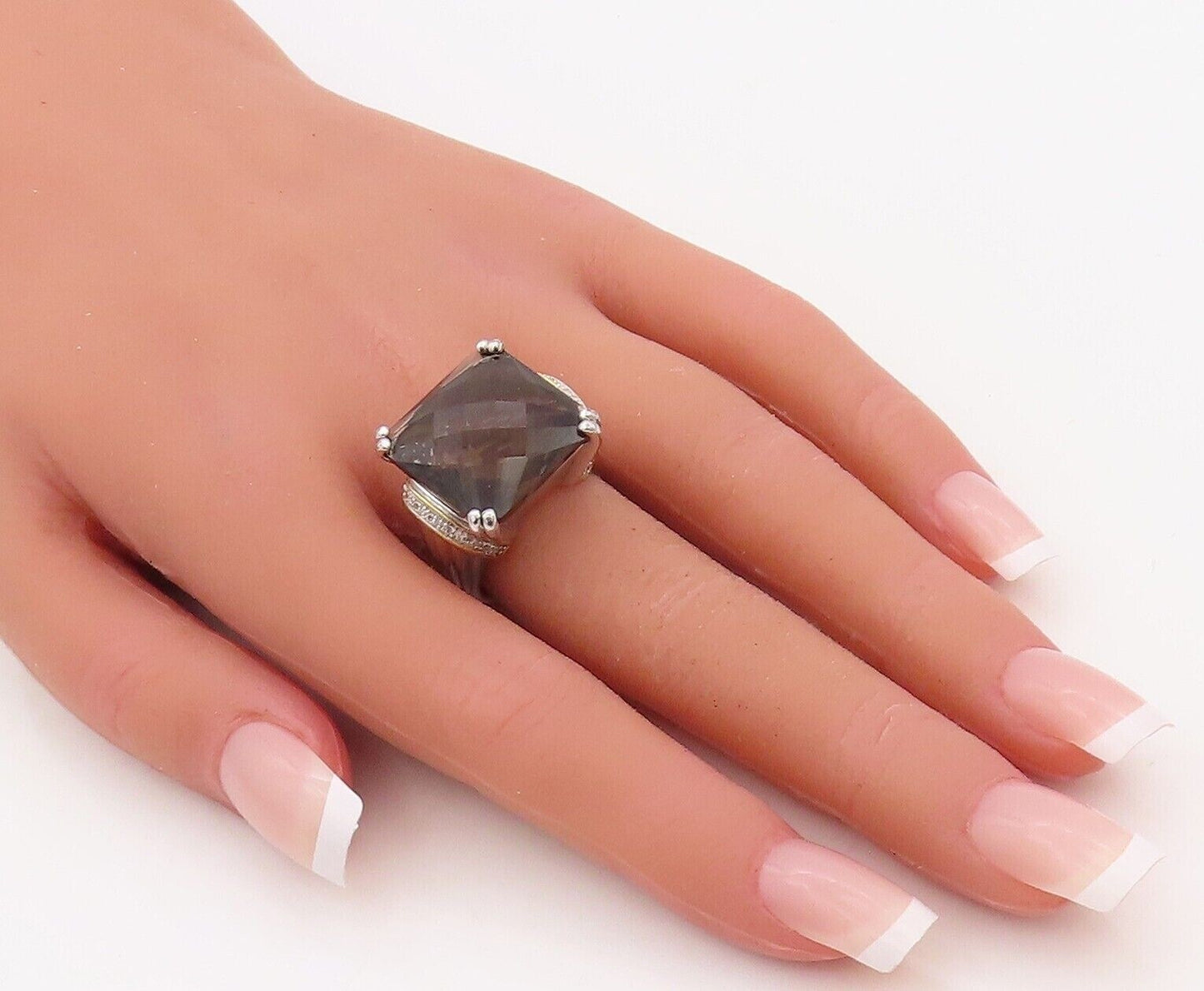 925 Sterling Silver Vintage Ring Diamonds & Square Cut Smoky Quartz Sz 7 RG30501
