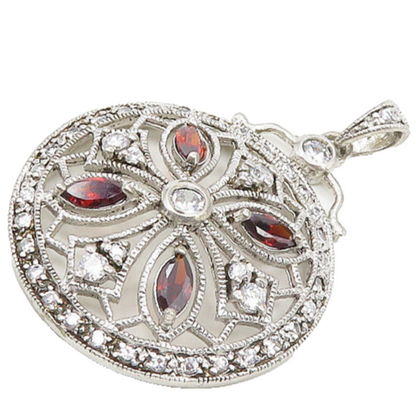 925 Sterling Silver  Cubic Zirconia & Garnet Floral Design Pendant  PT14067