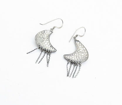 925 Sterling Silver  Vintage Shiny Dark Tone Fish Scale Drop Earrings  EG2517