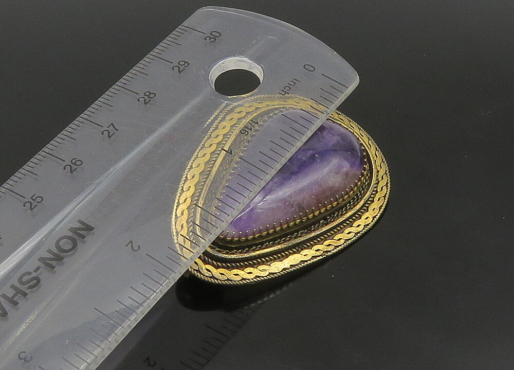 ISRAEL 925 Sterling Silver  Vintage Amethyst Twist Border Brooch Pin  BP9120
