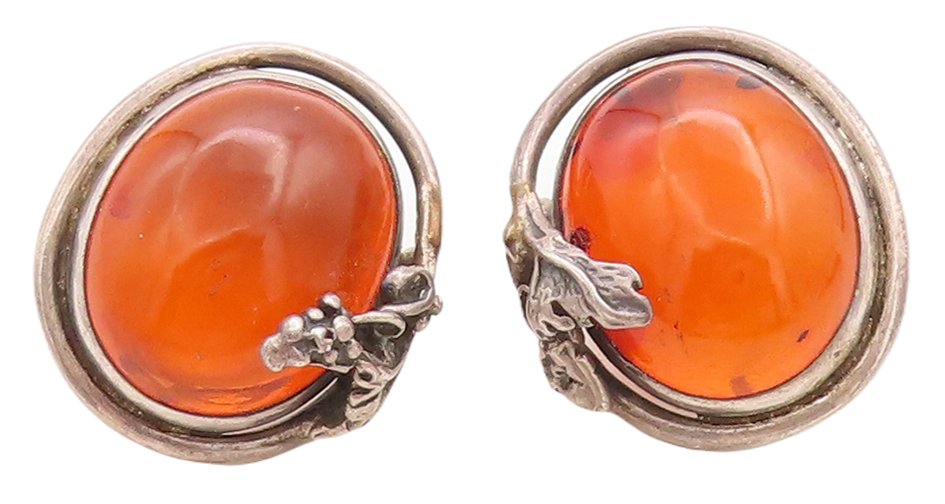 925 Sterling Silver Vintage Earrings Designer Floral Cabochon Amber  EG13288