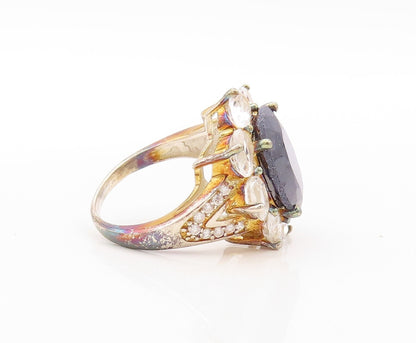925 Sterling Silver Vintage Ring Sapphire & Topaz Inlay Flower  Sz 9  RG30670