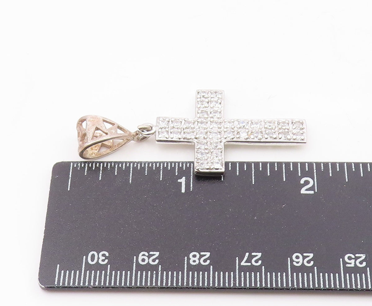 925 Sterling Silver  Vintage Cubic Zirconia Religious Cross Pendant  PT17462