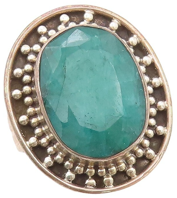 925 Sterling Silver Vintage Ring Oval Green Gemstone Beaded Frame Sz 8.5 RG30757