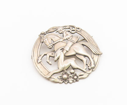 925 Sterling Silver Vintage Brooch Pin Equestrian Hunter & Deer Chase  BP12670