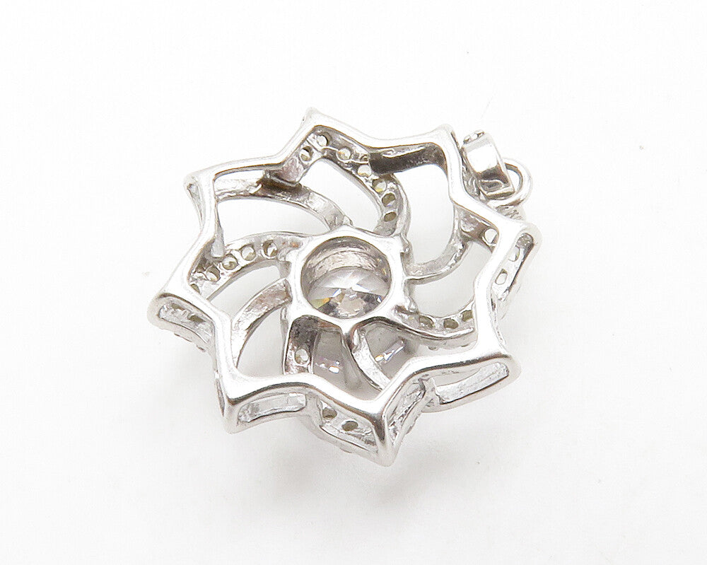 925 Sterling Silver  Shiny Cubic Zirconia Open Flower Motif Pendant  PT10434
