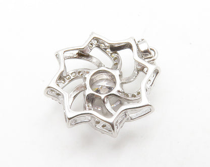 925 Sterling Silver  Shiny Cubic Zirconia Open Flower Motif Pendant  PT10434