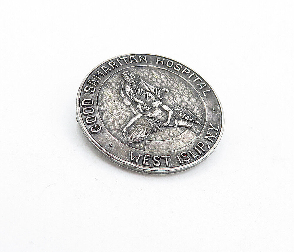 925 Sterling Silver  Vintage Oxidized Round Good Samaritan Brooch Pin  BP1510