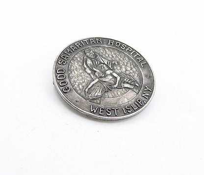 925 Sterling Silver  Vintage Oxidized Round Good Samaritan Brooch Pin  BP1510