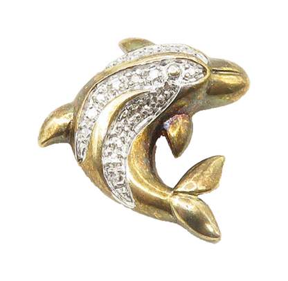 925 Silver  Vintage Genuine Diamond Gold Plated Dolphin Pendant  PT14433