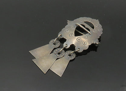 925 Sterling Silver  Vintage Dark Tone Etched Dangling Brooch Pin  BP8047