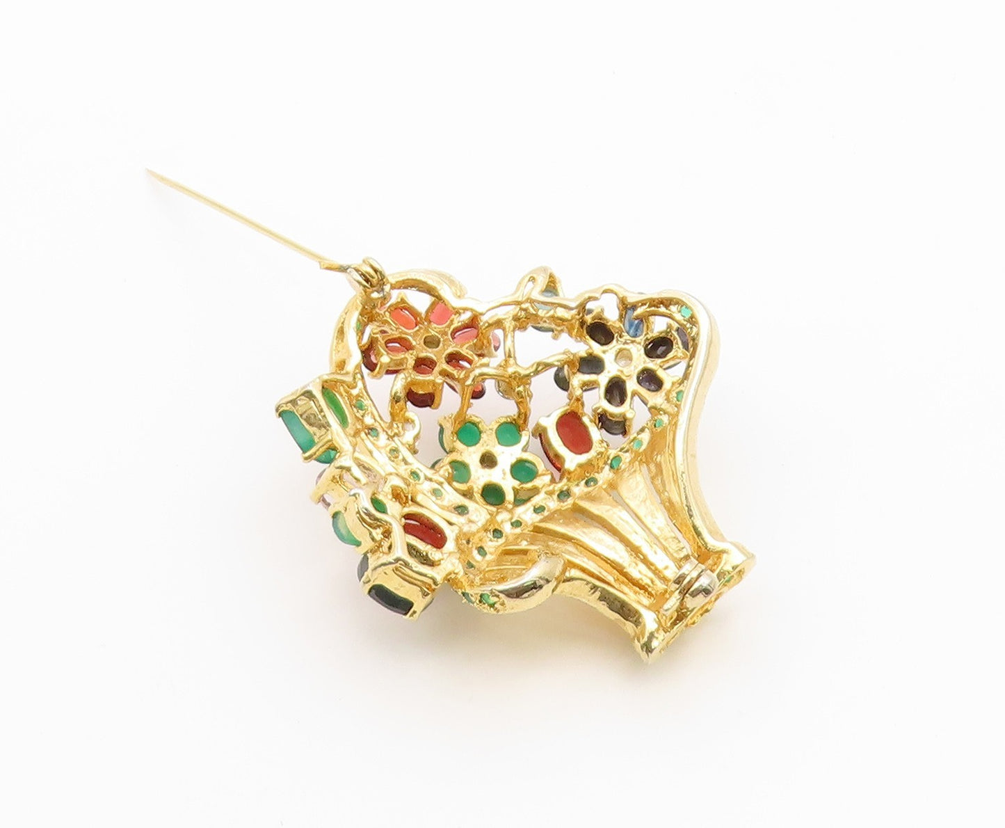 925 Sterling Silver Vintage Brooch Pin Gold Plated Gemstone Bouquet  BP12654