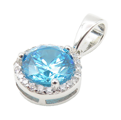 925 Sterling Silver  Shiny Petite Blue Topaz Round Drop Pendant  PT9311
