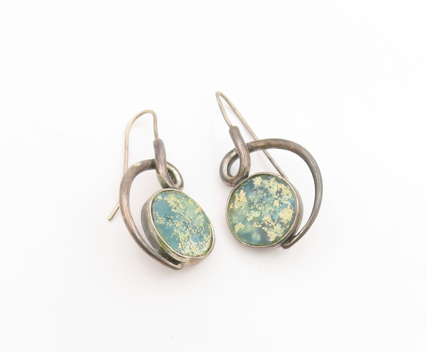 925 Sterling Silver Vintage Earrings BRURIA Classic Roman Glass Dangle  EG14278