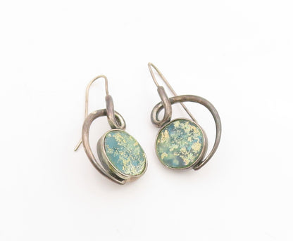 925 Sterling Silver Vintage Earrings BRURIA Classic Roman Glass Dangle  EG14278